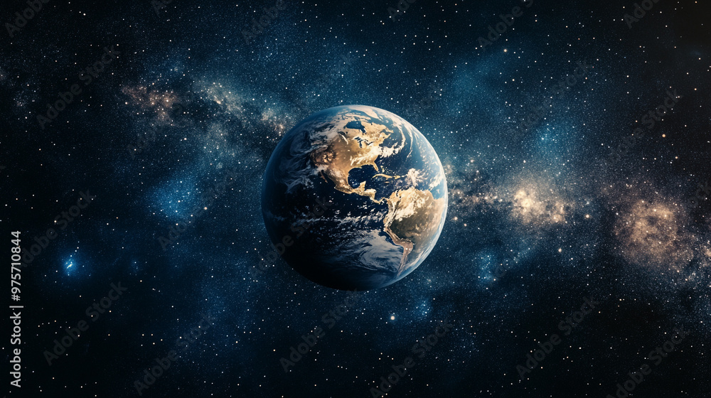 Naklejka premium Earth floating in space surrounded by stars and galaxies at night