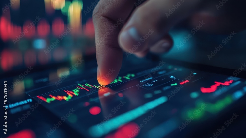 Close-up of a Finger Interacting with a Stock Market Chart on a Tablet Close-up of a Finger Interacting with a Stock Market Chart on a Tablet