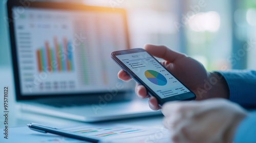 A financial planning scene where a person is reviewing spending reports on a smartphone. The phone screen shows various budget categories with a pie chart, and in the background, a