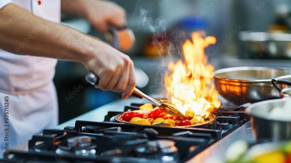 Professional chefs cooking in a high-end restaurant kitchen using LPG gas stoves Professional chefs cooking in a high-end restaurant kitchen using LPG gas stoves