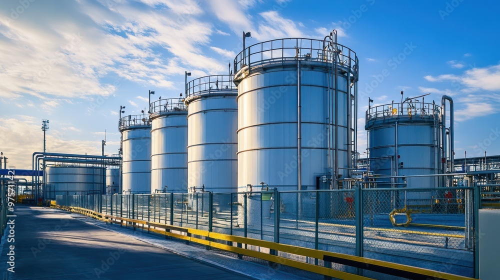 Obraz premium Rows of large LPG storage tanks in a secure industrial facility with safety barriers
