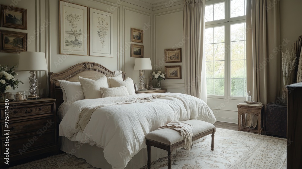 Obraz premium A chic French country-style bedroom, blending rustic elegance with modern comfort, featuring soft tones and refined decor.