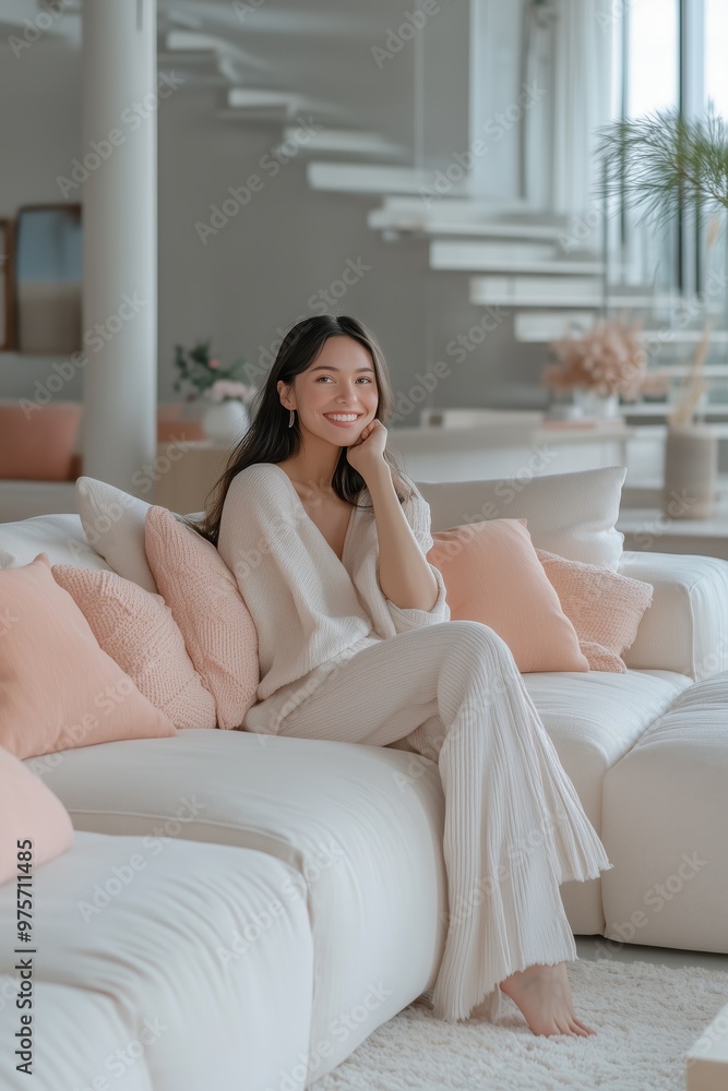 Smiling woman in cozy attire relaxing on a stylish, modern sofa with soft pillows in a bright living room. Smiling woman in cozy attire relaxing on a stylish, modern sofa with soft pillows in a bright living room.