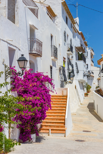 Obraz na płótnie Purple flowers in front of white houses in Altea, Spain w salonie
