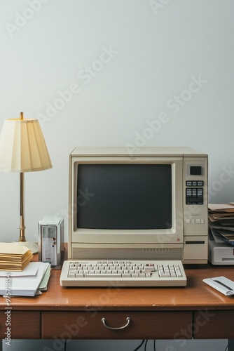 Old desktop computer setup on a wooden desk with a lamp, office documents, and retro technology, evoking nostalgia.