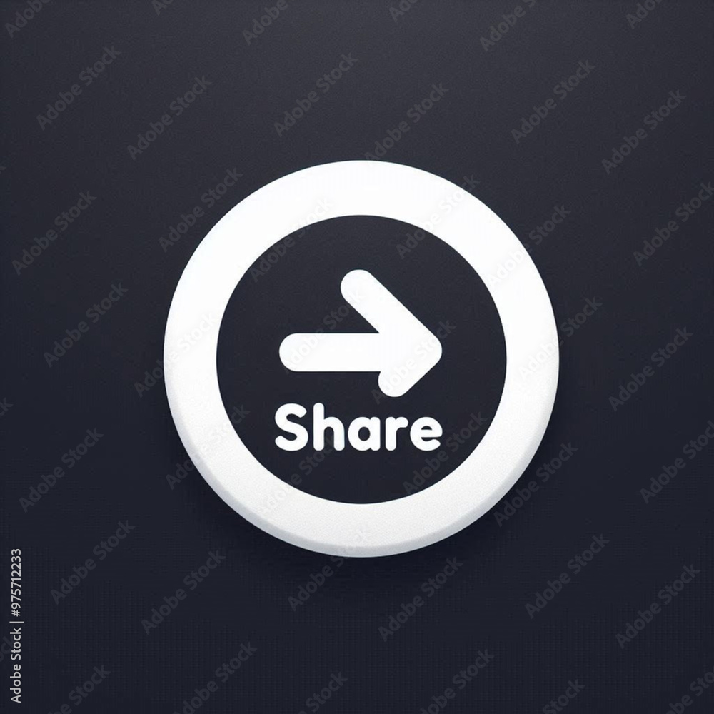 Black button share icon with white circumference against black background. Social media share button design. button with arrow Black button share icon with white circumference against black background. Social media share button design. button with arrow