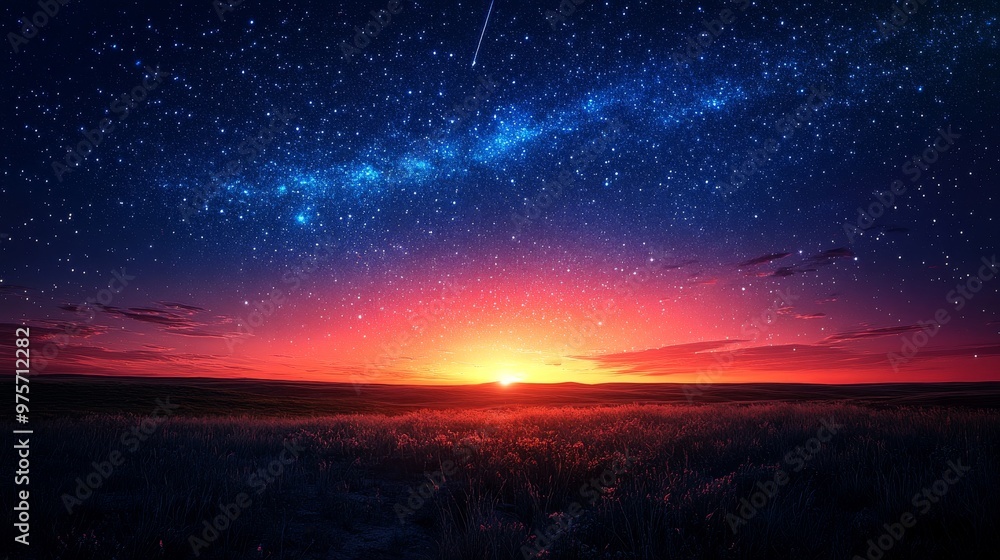 Fototapeta premium Beautiful sunset over a grassy field with a star-filled night sky and a shooting star