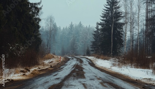 Charming winter scene featuring a tranquil rural road lined with bare trees in a snowy landscape. photo