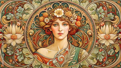 Art Nouveau Woman Portrait with Floral Design