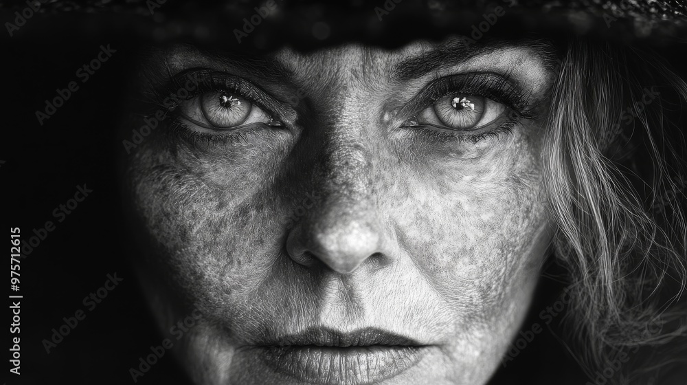 Black-and-white close-up image focuses on an older person's intense, expressive eyes and weathered skin, conveying deep emotion and reflection Black-and-white close-up image focuses on an older person's intense, expressive eyes and weathered skin, conveying deep emotion and reflection