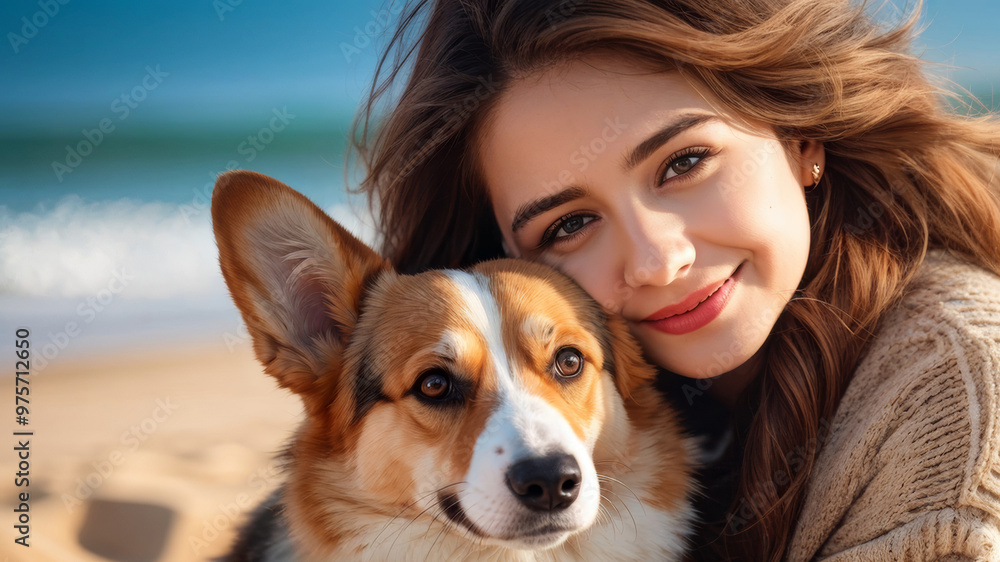 A girl in a beige sweater hugs a corgi dog sitting on the sand by the sea. A girl in a beige sweater hugs a corgi dog sitting on the sand by the sea.