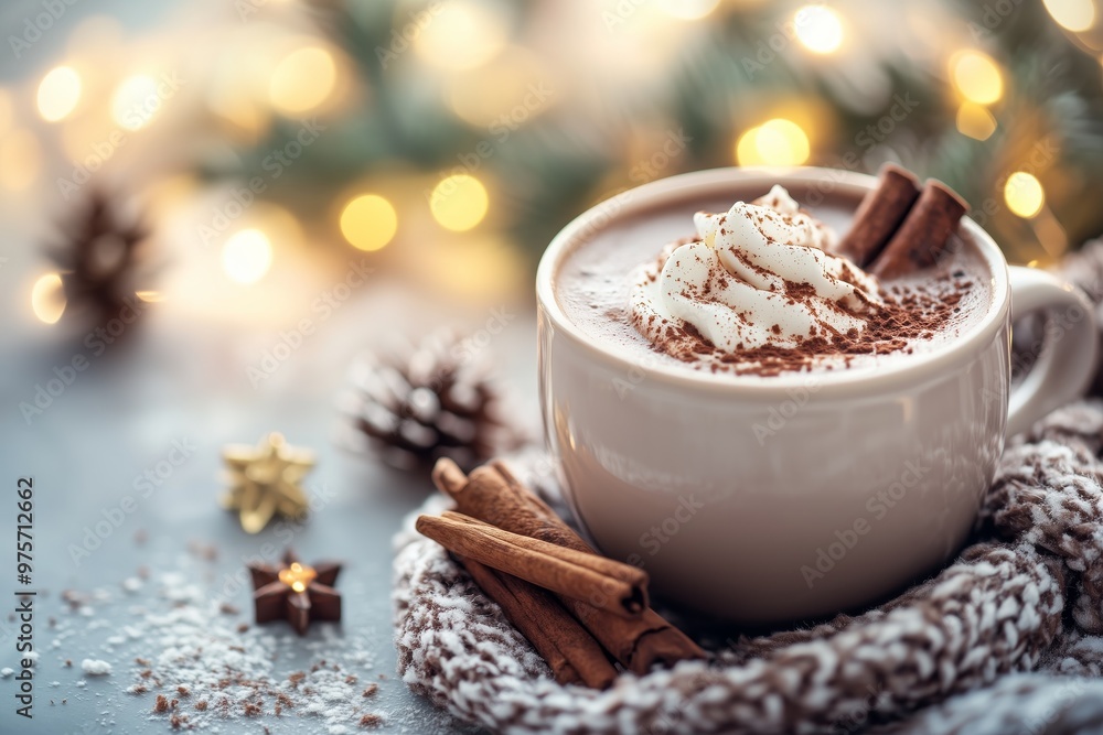 A cozy mug of hot chocolate topped with whipped cream, surrounded by festive decorations and cinnamon sticks, evokes holiday warmth. A cozy mug of hot chocolate topped with whipped cream, surrounded by festive decorations and cinnamon sticks, evokes holiday warmth.