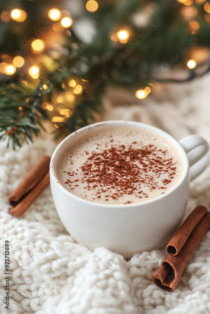 Cozy winter scene featuring a cup of cinnamon coffee surrounded by festive lights and decorations. Cozy winter scene featuring a cup of cinnamon coffee surrounded by festive lights and decorations.