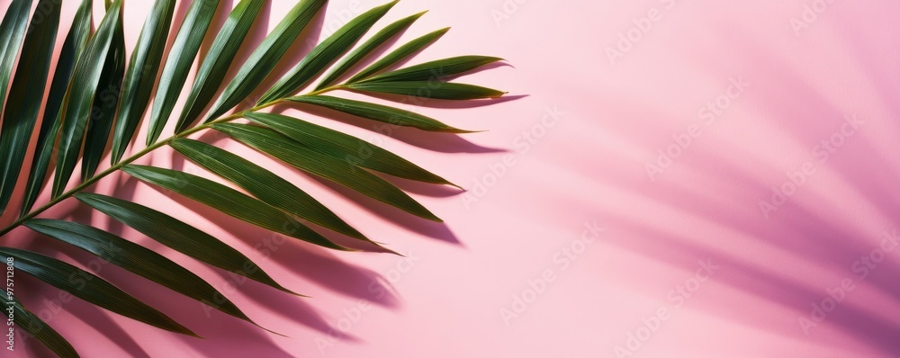 Palm leaf on pink background, tropical nature concept Palm leaf on pink background, tropical nature concept