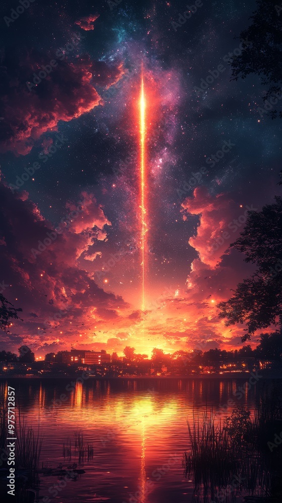Brilliant beam of light pierces the night sky above a tranquil lake, reflecting vibrant colors and dramatic clouds Brilliant beam of light pierces the night sky above a tranquil lake, reflecting vibrant colors and dramatic clouds