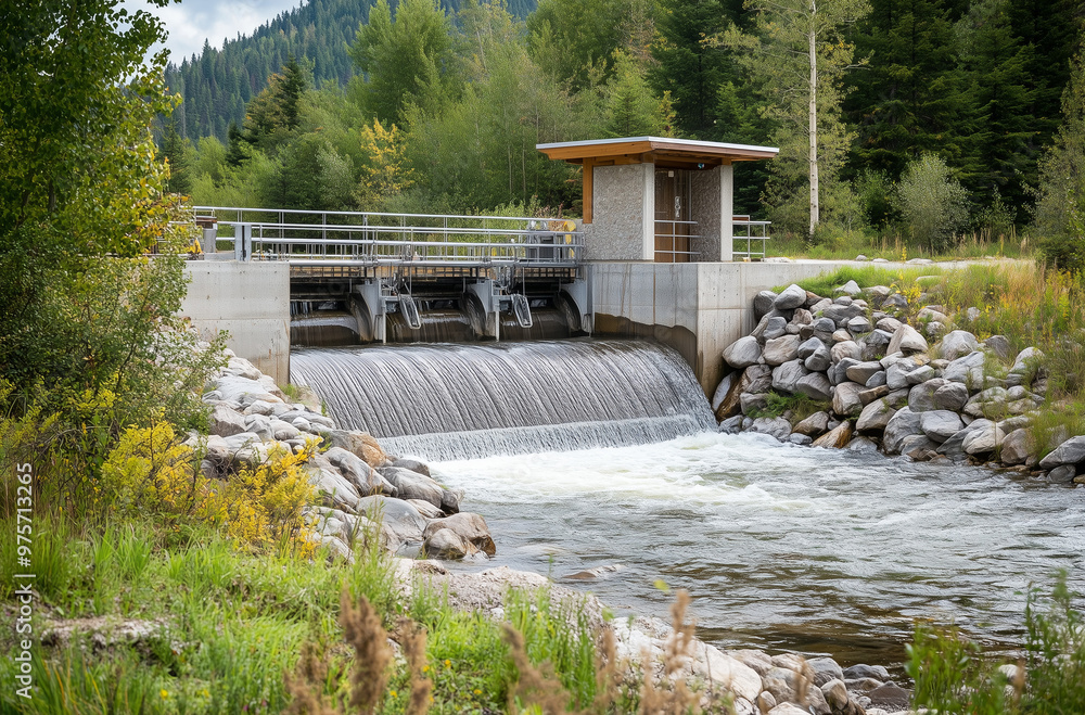 Fototapeta premium Eco-Energy Generation: Mountain Hydro Facility Utilizing Natural Water Flows