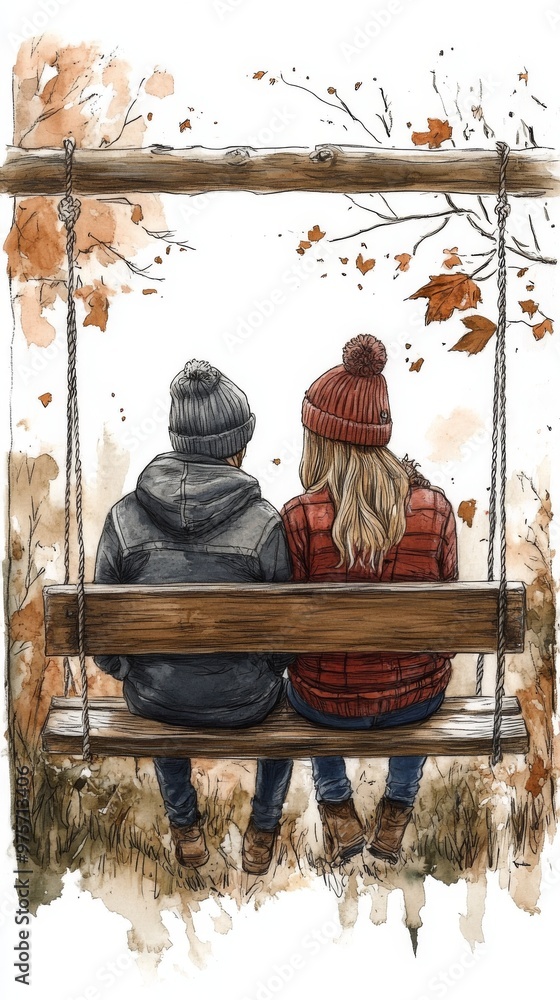 Fototapeta premium Couple, dressed warmly in hats and jackets, sits on a swing together, surrounded by autumn leaves and bare branches