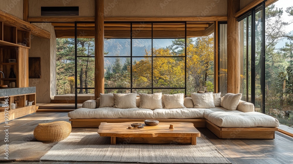 Cozy living room with large windows showcasing a forest view, featuring a sectional sofa, wooden furniture, and rustic decor Cozy living room with large windows showcasing a forest view, featuring a sectional sofa, wooden furniture, and rustic decor
