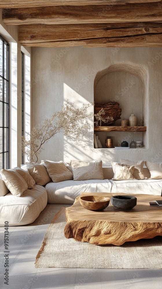 Fototapeta premium Cozy living room with a wooden coffee table, a beige sectional sofa, and built-in shelves