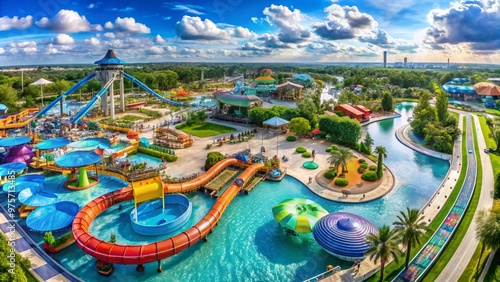 A panoramic view of a waterpark with its pools slides and attractions. photo