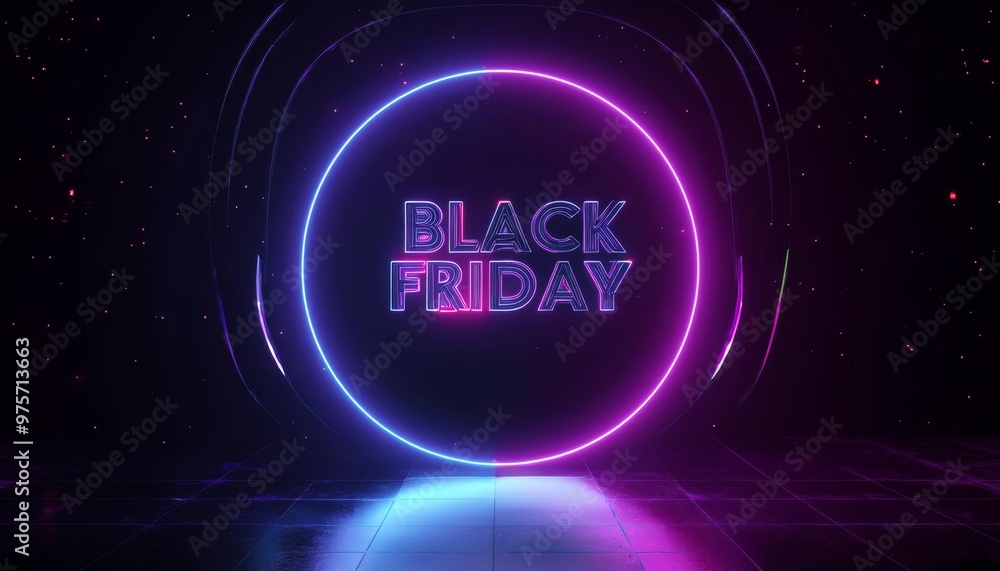 Vibrant neon design featuring 'Black Friday' in a circular frame, perfect for holiday promotions and shopping events. Vibrant neon design featuring 'Black Friday' in a circular frame, perfect for holiday promotions and shopping events.