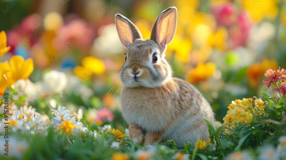 Cute rabbit sits among a vibrant bed of colorful flowers, surrounded by lush green grass, in delightful natural scenery