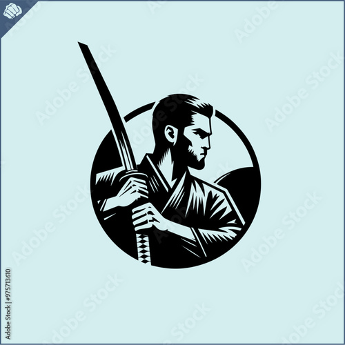 Samurai. Japan warrior whith katana sward. Graphic logo. Vector EPS