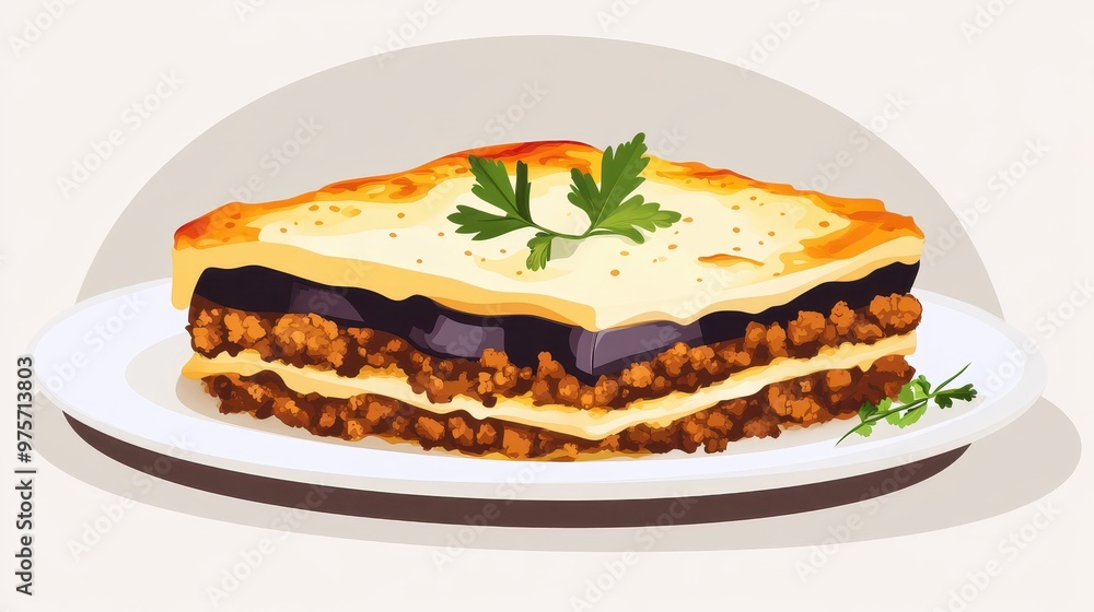 Delicious Greek Moussaka Dish on a White Plate Delicious Greek Moussaka Dish on a White Plate
