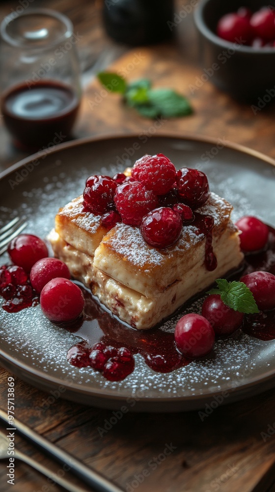 Delicious dessert plate features layered pastry with fresh raspberries, cherries, and a dusting of powdered sugar, garnished with mint Delicious dessert plate features layered pastry with fresh raspberries, cherries, and a dusting of powdered sugar, garnished with mint