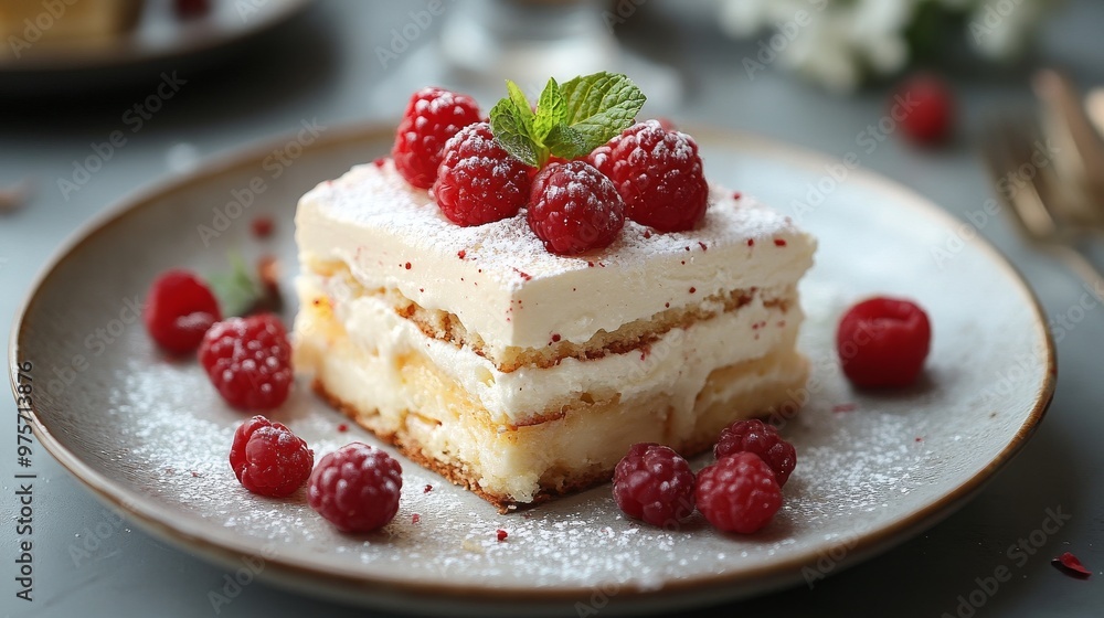 Delicious slice of layered dessert topped with fresh raspberries and a mint leaf, garnished with powdered sugar on a plate Delicious slice of layered dessert topped with fresh raspberries and a mint leaf, garnished with powdered sugar on a plate