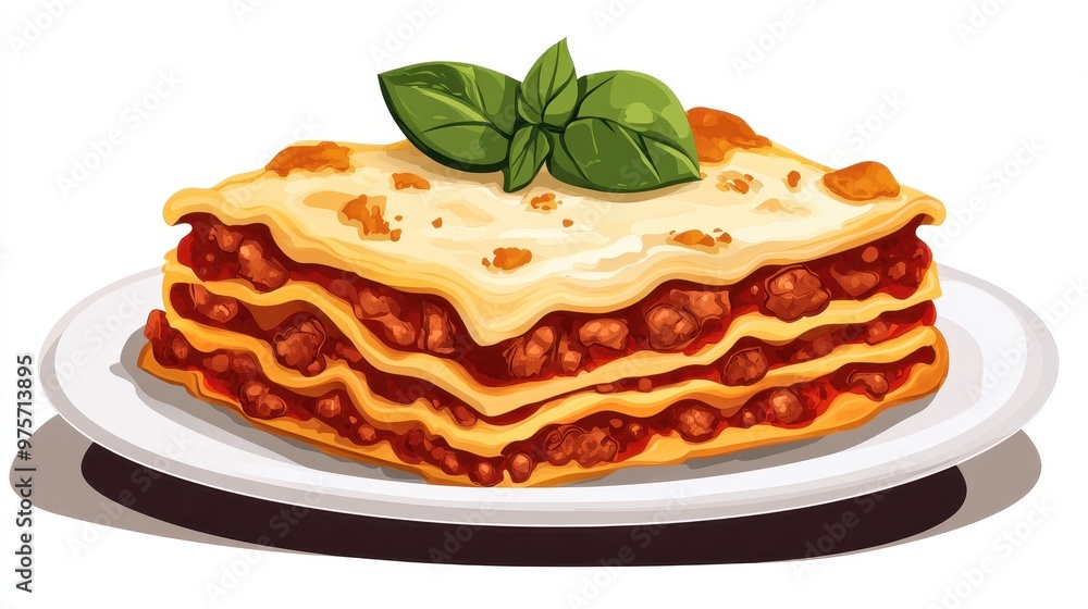 Delicious Lasagna with Basil on a White Plate Delicious Lasagna with Basil on a White Plate