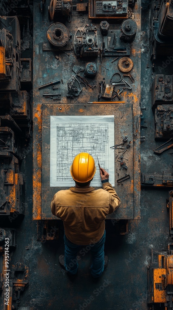 Engineer wearing a yellow hard hat studies blueprints on a workbench surrounded by industrial machinery and tools Engineer wearing a yellow hard hat studies blueprints on a workbench surrounded by industrial machinery and tools