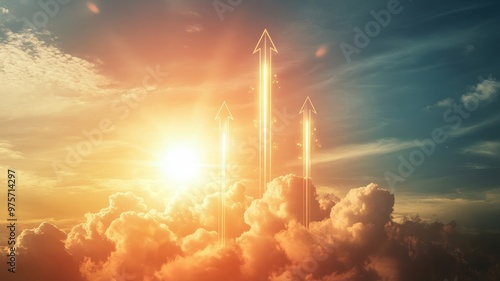 Dynamic Sales Growth Concept with Arrows Soaring Above Clouds at Sunrise Symbolizing Business Success and Financial Increase