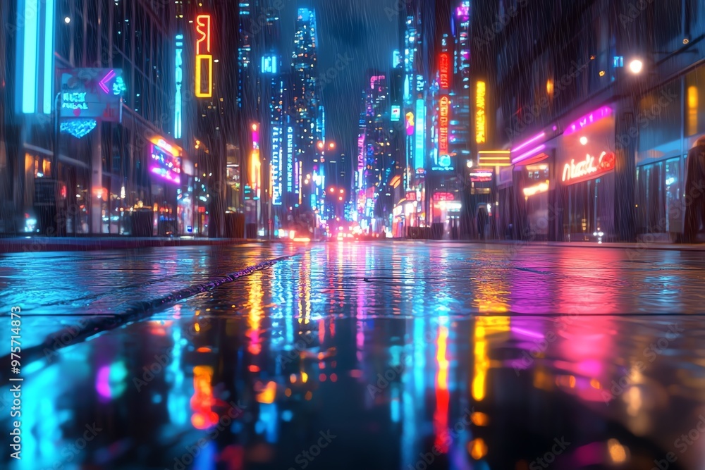A captivating urban skyline at night, captured from eye-level, featuring innovative neon and LED lighting, casting colorful reflections on wet pavement, photorealistic style A captivating urban skyline at night, captured from eye-level, featuring innovative neon and LED lighting, casting colorful reflections on wet pavement, photorealistic style