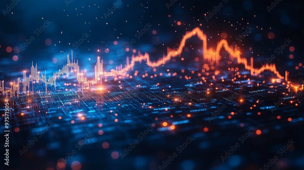 Naklejka premium Glowing line graph with orange and blue lights represents data or financial trends on a dark digital background