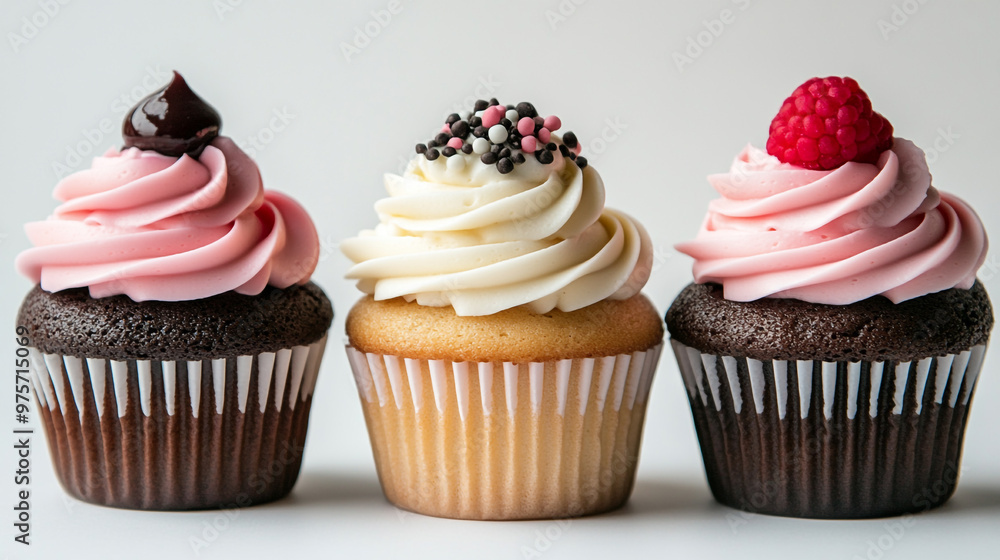 Colorful cupcakes with frosting and toppings displayed on a clean background Colorful cupcakes with frosting and toppings displayed on a clean background