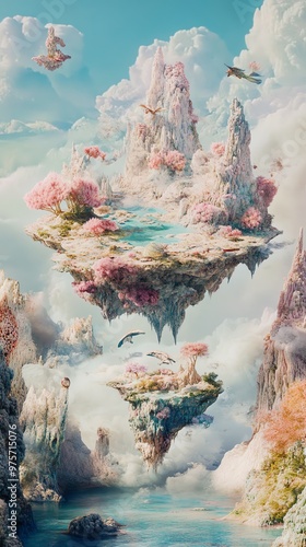 A long shot of an ethereal landscape, merging dreamlike colors with floating islands and whimsical creatures, captured in photorealistic surrealism, vibrant and enchanting photo