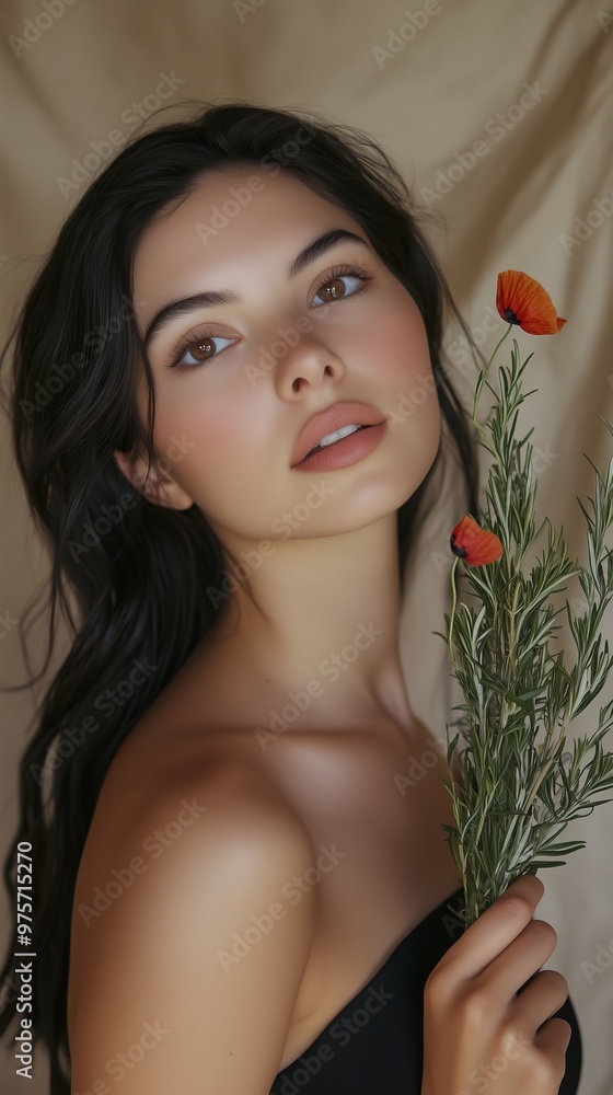 Portrait of a young woman with dark hair and orange flower, showcasing natural beauty and tranquility. Portrait of a young woman with dark hair and orange flower, showcasing natural beauty and tranquility.