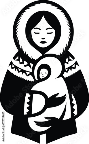 Black and White Illustration of Inuit Mother With Baby in Traditional Amauti Parka
