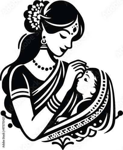Black and White Illustration of Loving Indian Mother in Sari Applying Bindi to Baby's Forehead