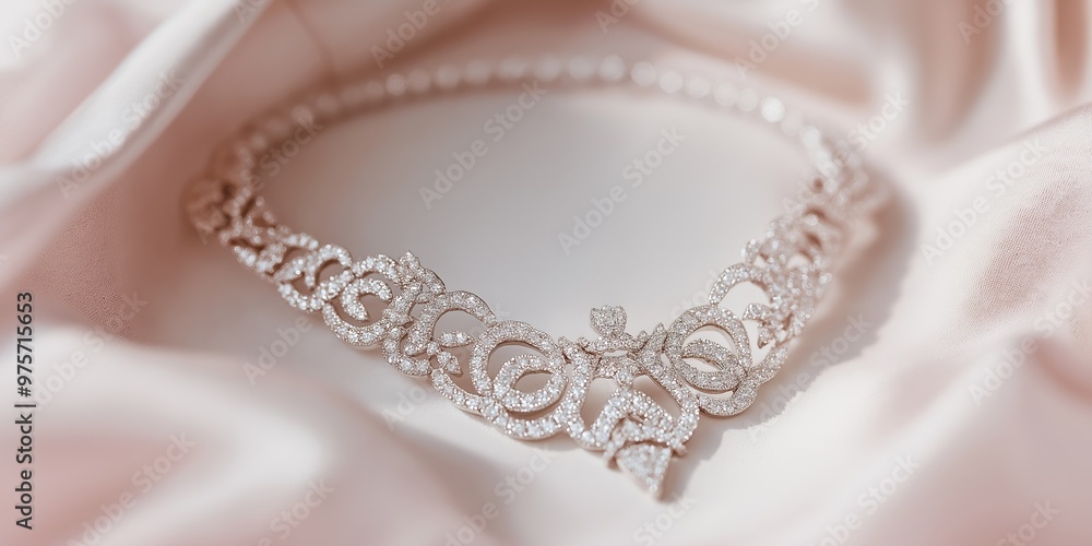 A necklace with diamonds and pearls is on a white cloth. The necklace is very elegant and shiny A necklace with diamonds and pearls is on a white cloth. The necklace is very elegant and shiny