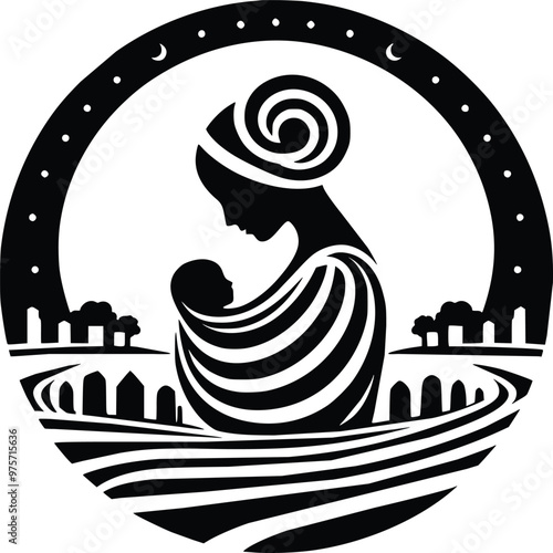Black and White Illustration of Loving Irish Mother and Baby at Ancient Celtic Site