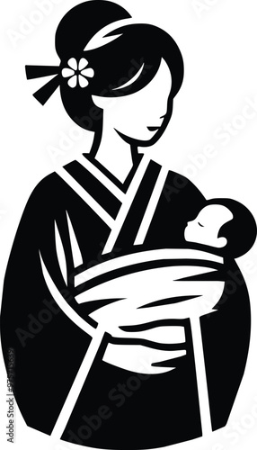Black and White Illustration of Loving Japanese Mother in Kimono With Baby in Sling