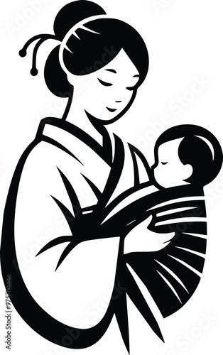 Black and White Illustration of a Japanese Mother Wearing a Kimono Carrying a Baby in a Sling