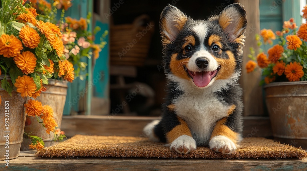 Happy tricolor puppy with big ears sits on a doorstep surrounded by vibrant orange flowers in rustic metal pots Happy tricolor puppy with big ears sits on a doorstep surrounded by vibrant orange flowers in rustic metal pots