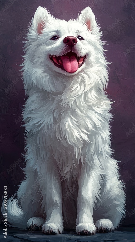 Happy, fluffy white dog with its tongue out, sitting against a dark, textured background Happy, fluffy white dog with its tongue out, sitting against a dark, textured background
