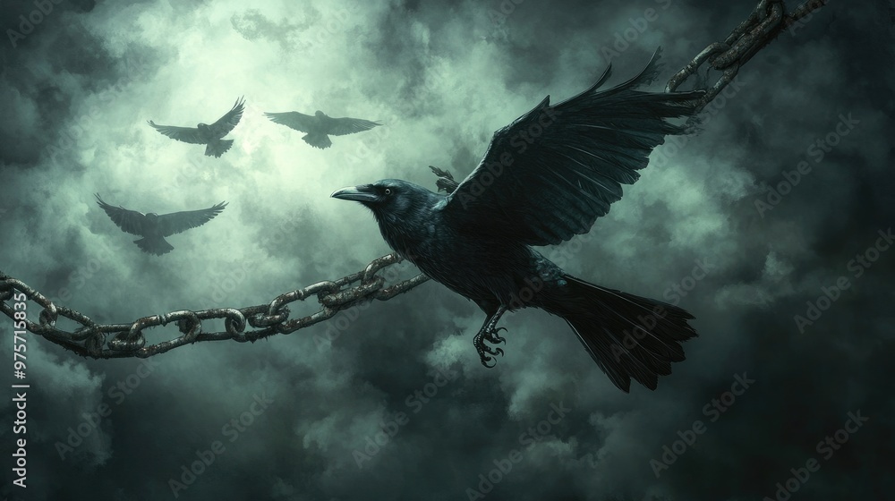 Fototapeta premium A crow escaping from a chain of rusty links, soaring in a dark, cloudy sky while other crows circle overhead.