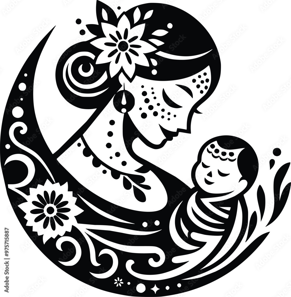 Black and White Illustration of Mexican Mother and Baby Celebrating Dia De Los Muertos Black and White Illustration of Mexican Mother and Baby Celebrating Dia De Los Muertos