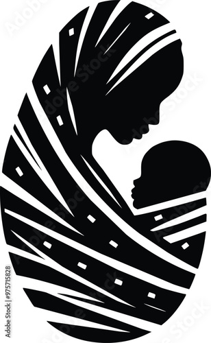 Black and White Illustration of Kenyan Mother From Kikuyu Tribe With Baby Wrapped in Kanga Cloth photo