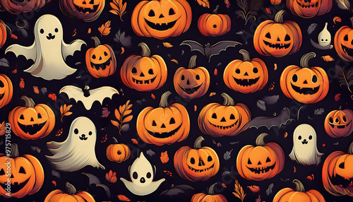  Halloween vector seamless pattern, featuring spooky motifs like pumpkins, ghosts, and bats._1(577)